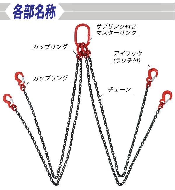 チェーンスリング,4点吊り,使用荷重約2.0t,約2000kg,チェーン長さ約1.5