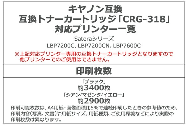 キヤノン互換,互換トナーカートリッジ,CRG-318,CRG318,4色セット,各色1本,ブラック,シアン,マゼンタ,イエロ  オフィス,事務用品,互換トナー・互換インク,互換トナーカートリッジ,Canon(キヤノン) インターナショナル・トレーディング (ITC)  公式オンラインショップ