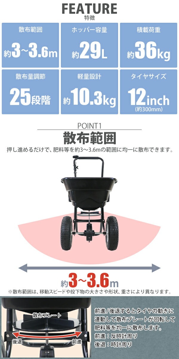 手押し式,肥料散布機,散布器,最大容量約29L,積載荷重約36kg,散布範囲約