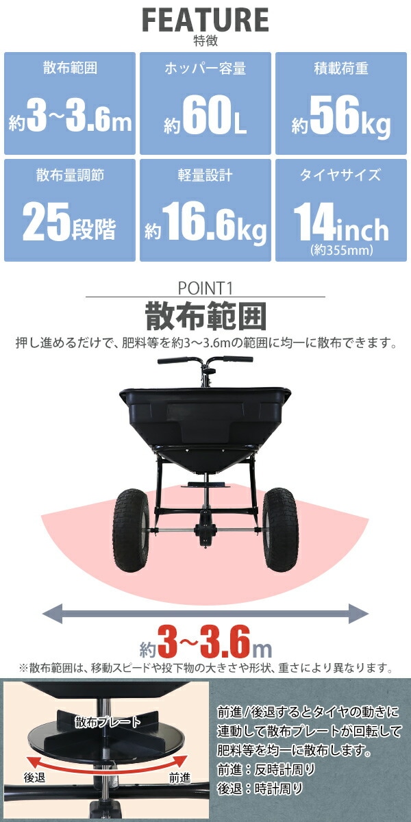 手押し式,肥料散布機,散布器,最大容量約60L,積載荷重約56kg,散布範囲約