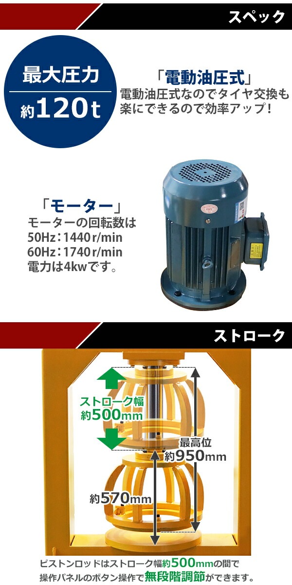 ��ư������������ץ쥹 ����������󥸥㡼 ����ǽ����120t ��120000kg �б������䥵������800mm ��ॵ������200mm ���٤륫�顼 ���ϥ᡼���� ���ٷ� ���������ɽ���դ� ���� �ץ쥹�� ��ư ������ ���� ������ ������� æ�� æ�幩�� ���� tirepressp120