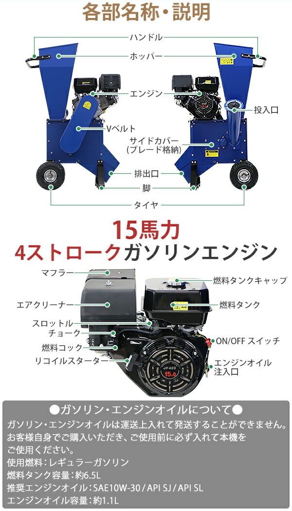 粉砕機,ウッドチッパー,ガーデンシュレッダー,エンジン式,最大粉砕径約