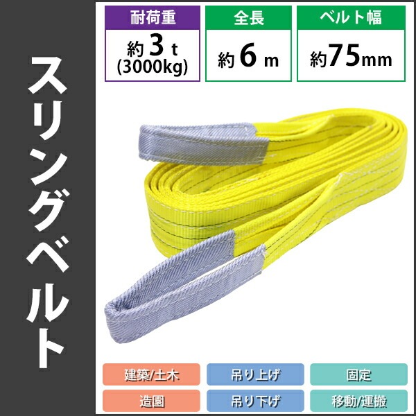 スリングベルト,ベルトスリング,耐荷重約3t,約3000kg,全長約6m,ベルト幅約75mm,荷揚げ,吊り上げ,吊り下げ, 業務用品,運搬器具, スリングベルト インターナショナル・トレーディング (ITC) 公式オンラインショップ