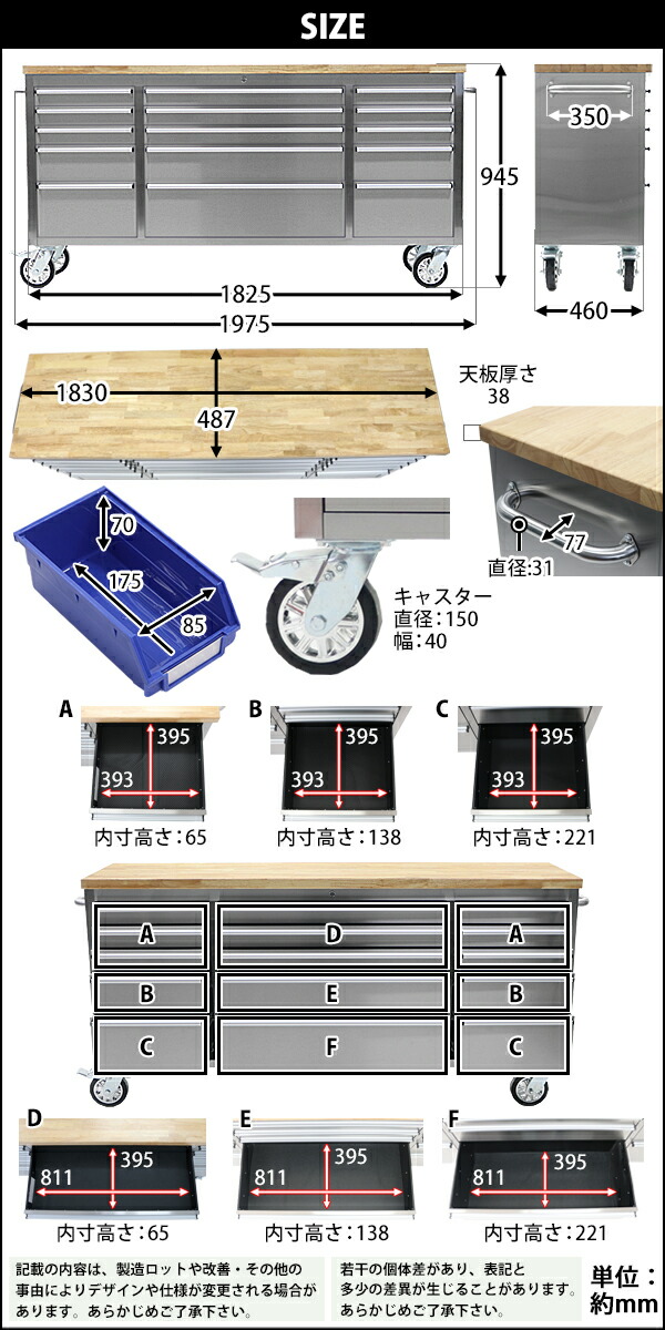 ステンレススチール製引き出しキャビネット・DIYツールワゴン ツールキャビネット 幅157cm ステンレス製 木天板 キャスター付