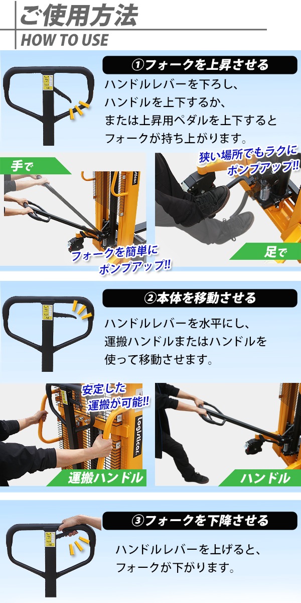 ハンドフォークリフト 2t 2000kg 最高位1650mm フォークR2650 カテゴリ