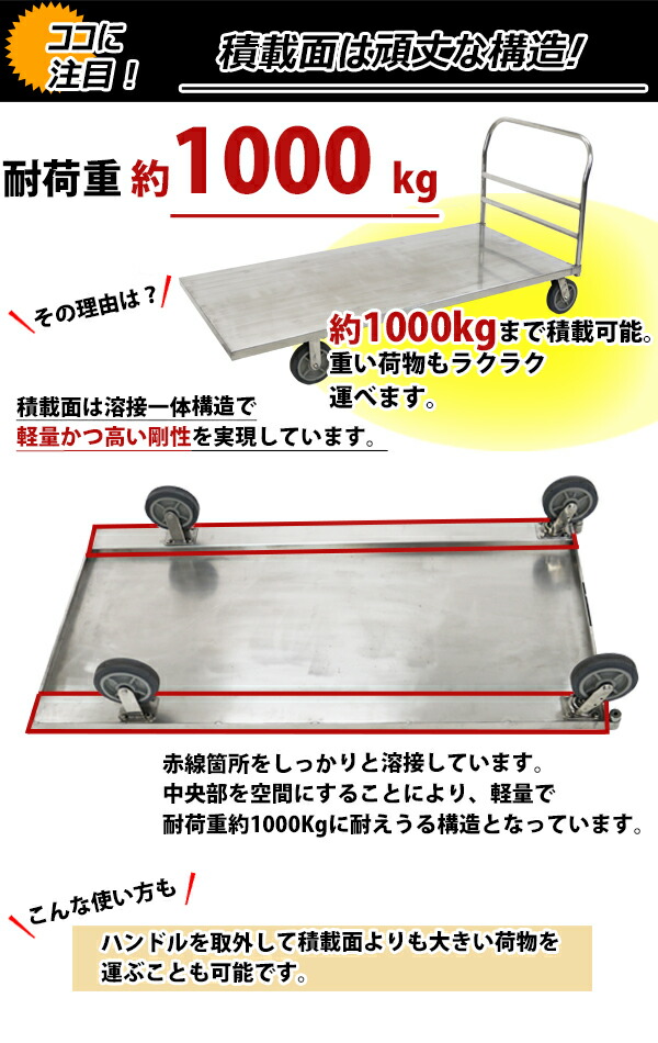台車　重量物　大きい品 台車 オールステンレス台車 耐荷重約250kg 積載面約550×905mm 平台車