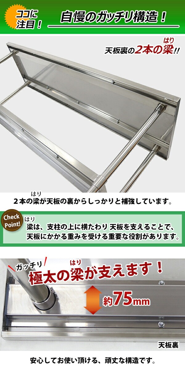 オールステンレス作業台,2段,耐荷重約220kg,約幅1800×奥行600