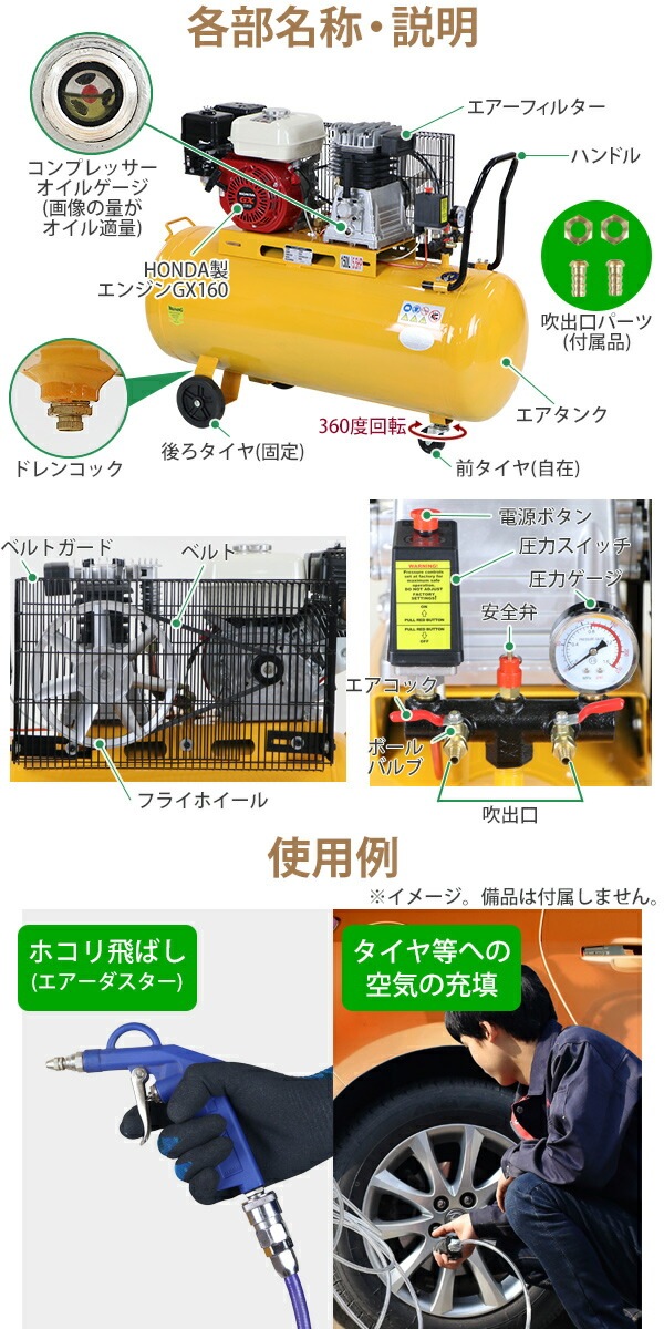����̵�� ���󥸥� ����������ץ�å��� Honda GX160��¢ 4���ȥ��������󥸥� ����������150L �� 5.5HP 5.5���� 0.8MPa 4.0kw ���󥸥󥳥�ץ�å��� ���̵� �᤭���Ф� �������� �������� 2������ �쥷�ץ� ��̳ ������ ���� ��� �ۥ�� �������� aircomh65150ly