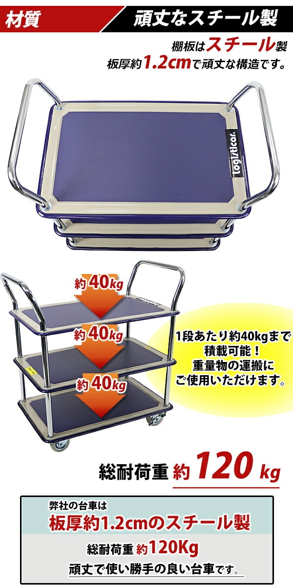 台車,スチール製,3段台車,板厚約1.2cm,総耐荷重約120kg,幅約48cm,奥行