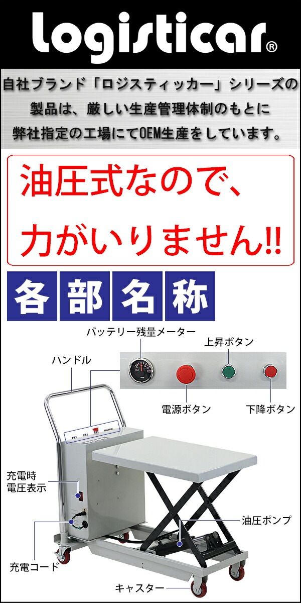 電動油圧式昇降台車,電動昇降,耐荷重約150kg,電動リフト台車,リフト