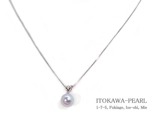 花珠真珠範疇 グレー系 ナチュラルカラーペンダントトップ<9.2mm>K18WG・ダイヤモンド0.01ct 鑑別書付 P-8489