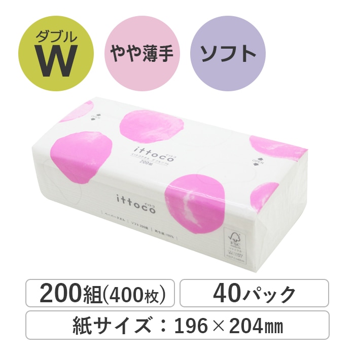 ペーパータオル イットコタオル 196×204mm ダブル 200組(400枚) 40パック ソフトタイプ 50200030 [KS]