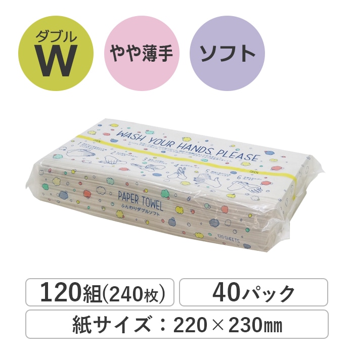 手を洗おう!ペーパータオル 220×230mm ダブル 120組(240枚) 40パック ソフトタイプ 50120001