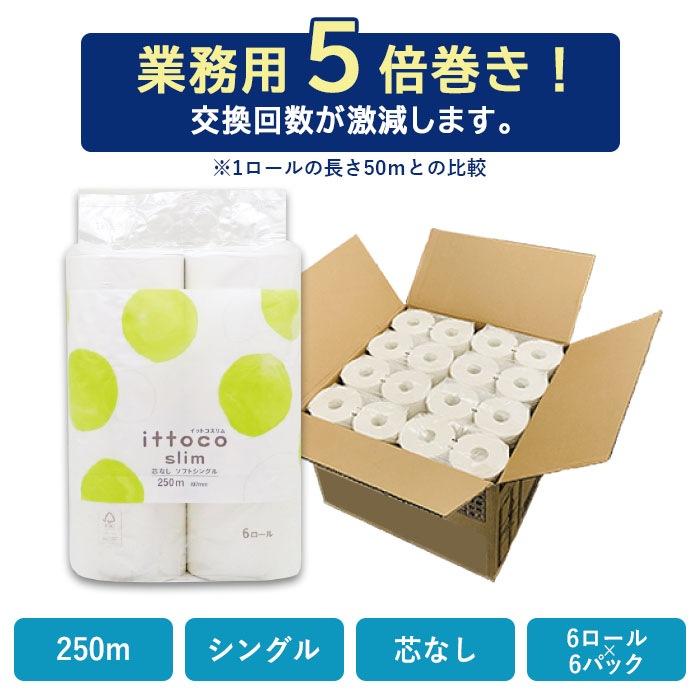 【24年3月 パック数変更】 イットコ 芯なし スリム幅(107mm) 6ロール 250m シングル 6パック 10250010 まとめ買い 日本製