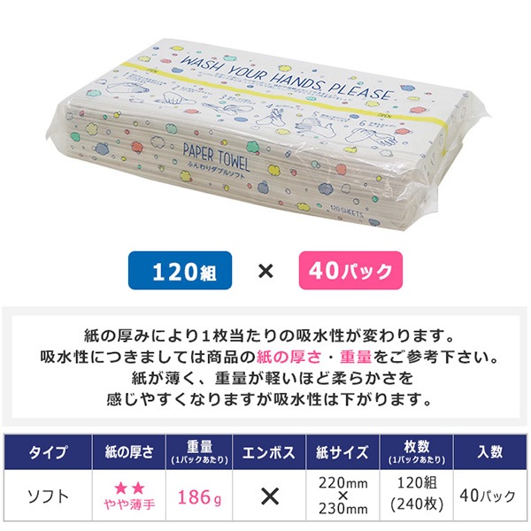 業務用 手を洗おう!ペーパータオル 220×230mm ダブル 120組(240枚) 40パック ソフトタイプ 50120001