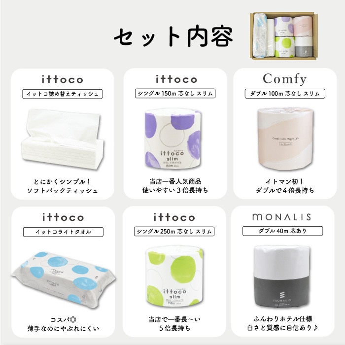 業務用 トイレットペーパー お試しセット 6種類 人気商品の詰め合わせ 10001146 流せる包装紙 無漂白 再生紙 無香料 日本製