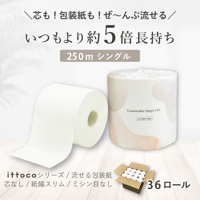 トイレットペーパー シングル 250m Comfy 芯なし スリム幅(107mm) 1ロール ミシン目なし 36個 無香料 10250008 業務用 長持ち 5倍巻き まとめ買い 日本製 [KS]