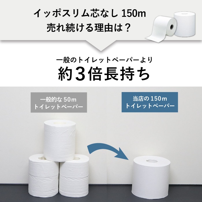 【定期購入用】業務用 トイレットペーパー シングル 150m 48ロール イッポ 芯なし スリム幅(107mm) 無包装 ミシン目なし 無香料 10150037 3倍巻き 長持ち まとめ買い 日本製