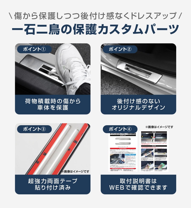 新型プリウス 60系 サイドステップ 外側スカッフプレート 4P 車体保護ゴム付き 選べる3カラー シルバーヘアライン ブラックヘアライン カーボン調 2026年マイナーチェンジ後対応｜トヨタ TOYOTA PRIUS 60 MXWH60 ZVW60 専用 内装 保護 カスタム パーツ ドレスアップ アクセサリー 社外品