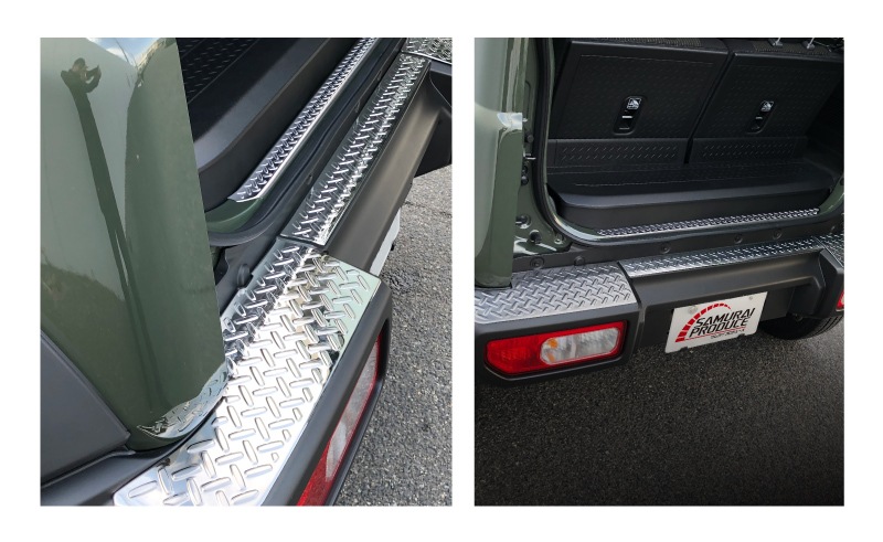 【セット割】新型ジムニーシエラ JB74W リアバンパープレート ＆ テールエンドカバー ガーニッシュ 縞鋼板柄 4P 選べる2カラー シルバーヘアライン ブラックヘアライン 保護パーツ2点セット｜スズキ SUZUKI JIMNY SIERRA JB74 1型 2型 3型 4型 5型 専用 保護 パーツ カスタム 専用 パーツ ドレスアップ アクセサリー 社外品 エアロ オプション【予約販売/シルバー:5月20日頃入荷予定】