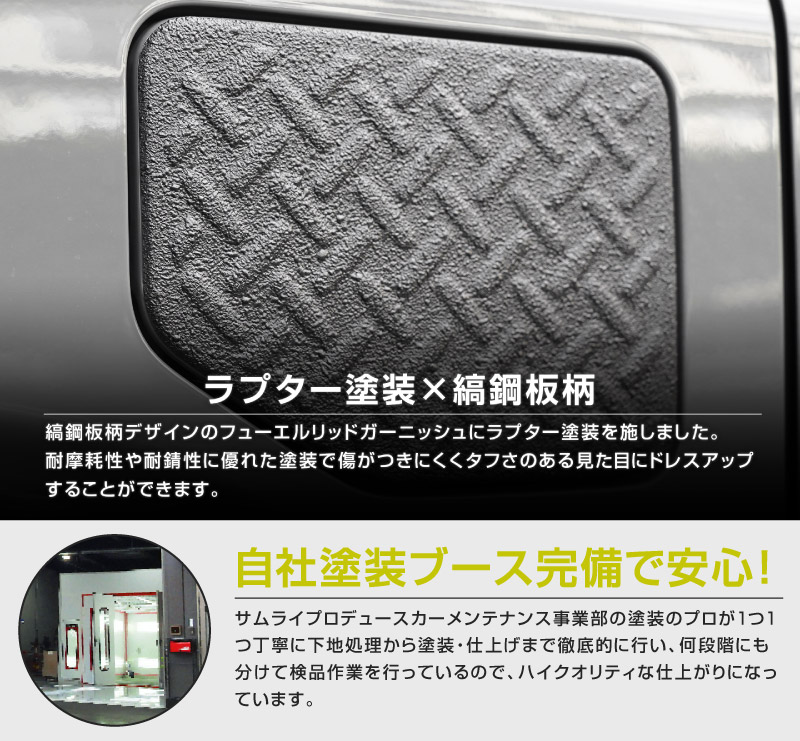 新型ジムニー JB64W 新型ジムニーシエラ JB74W フューエルリッドガーニッシュ 1P 縞鋼板柄 ラプター塗装 ブラック｜スズキ SUZUKI JIMNY JB64 JIMNY SIERRA JB74 1型 2型 3型 4型 5型 専用 カスタム パーツ ドレスアップ アクセサリー オプション ラプター 給油口 給油口カバー チッピング 外装 カー用品 社外【メール便対象/代引き・配達日時指定不可】