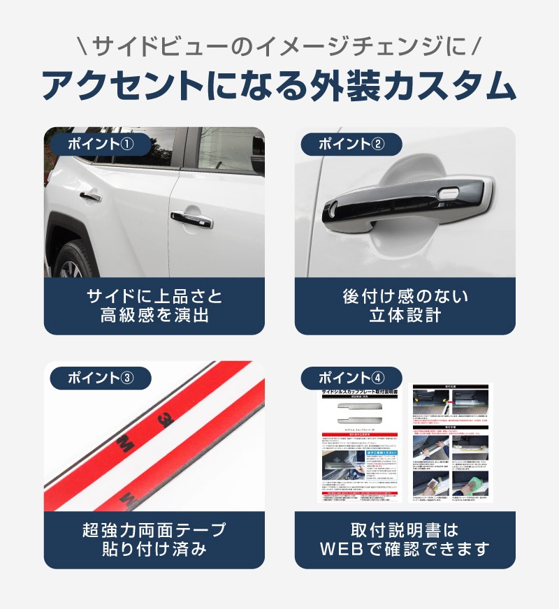 新型RAV4 60系 アウタードアハンドルカバー 4P ブラック鏡面仕上げ｜トヨタ TOYOTA ラブフォー AXAN64 専用 プラグインハイブリッド PHEV 対応 外装 ドアパネル サイド カスタム パーツ ドレスアップ アクセサリー オプション エアロ カー用品 社外