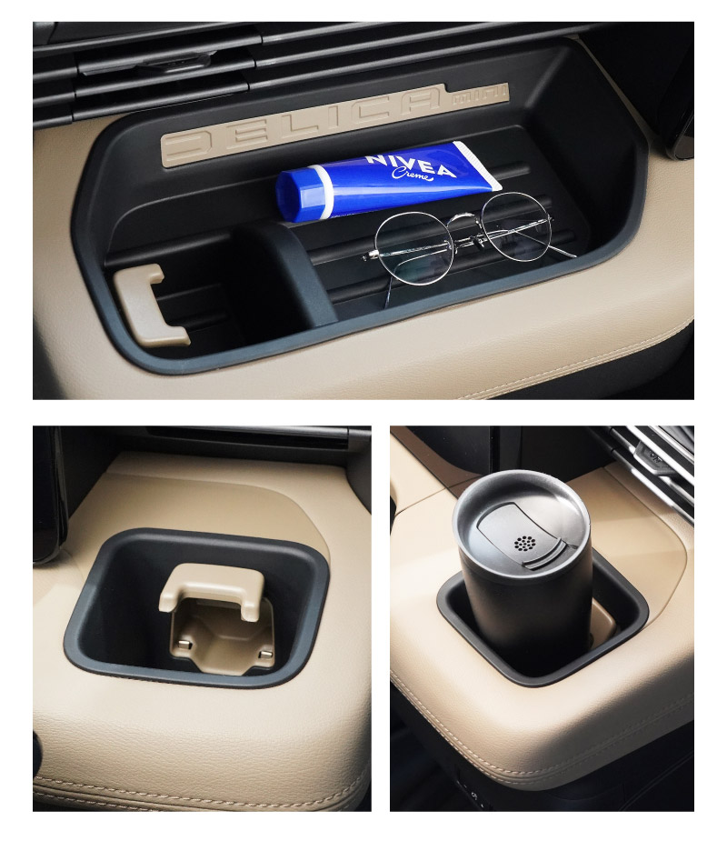 三菱 新型デリカミニ 運転席 助手席 インパネトレイカバー 2P ゴムタイプ ブラック 2025年フルモデルチェンジ後専用｜MITSUBISHI DELICA MINI 専用 パーツ 防水 ドリンクホルダー ボトルホルダー カバー アクセサリー マット 便利グッズ アイテム 滑り止め 小物入れ 収納 内装 社外