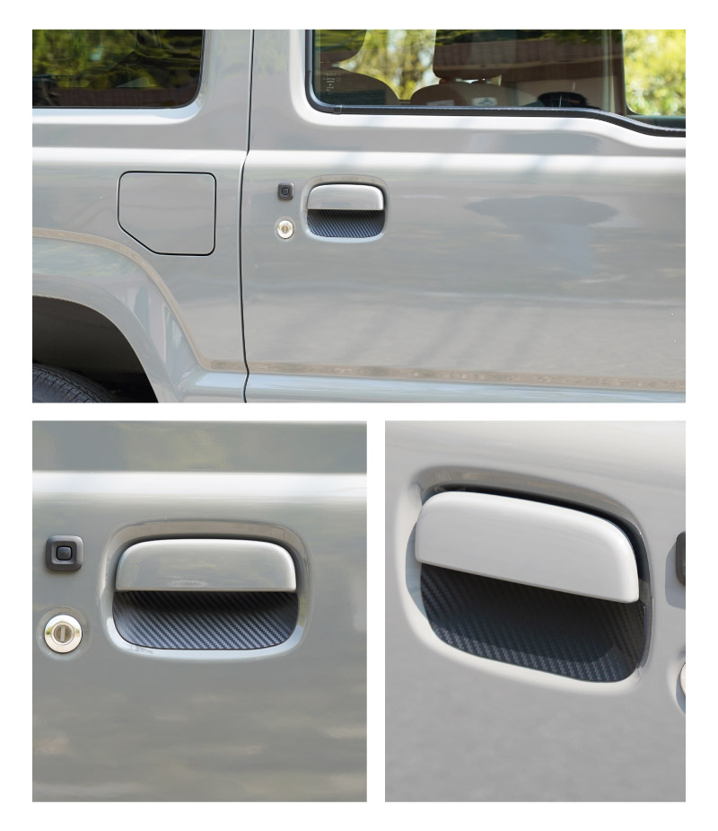 新型ジムニー JB64W 新型ジムニーシエラ JB74W ジムニーノマド JC74W マグネット装着タイプ ドアハンドルプロテクター 2P カーボン柄 ブラック/ホワイト｜スズキ SUZUKI JIMNY JB64 JIMNY SIERRA JB74 1型 2型 3型 4型 5型 JIMNY NOMADE JC74 1型 専用 引っかき傷防止 傷隠し 保護 ドレスアップ アクセサリー 社外品【メール便対象/代引き・配達日時指定不可】
