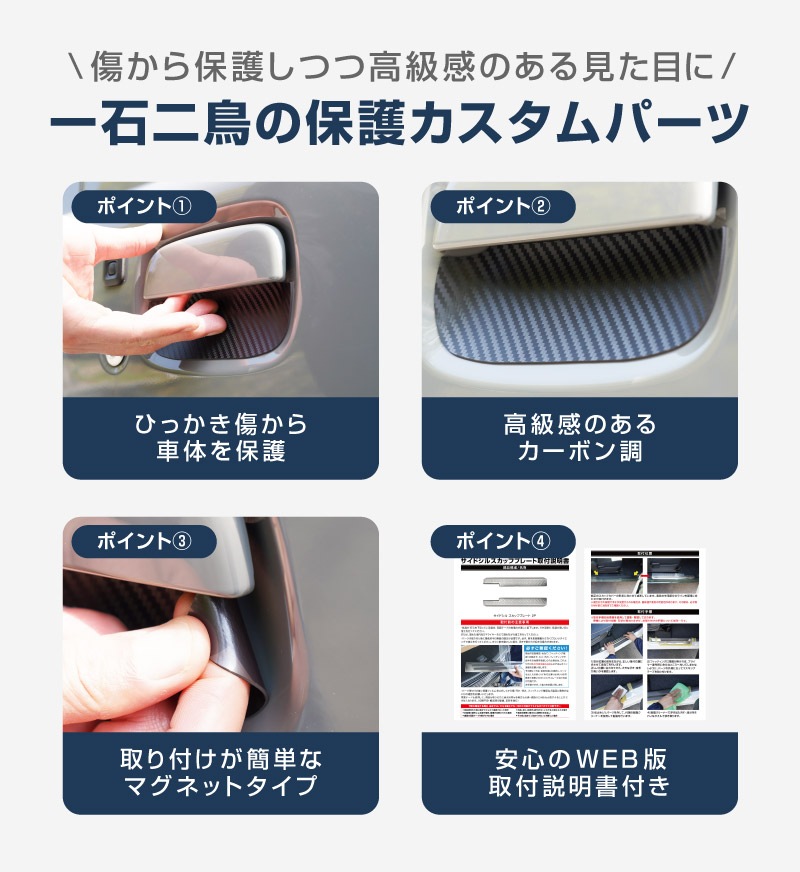 新型ジムニー JB64W 新型ジムニーシエラ JB74W ジムニーノマド JC74W マグネット装着タイプ ドアハンドルプロテクター 2P カーボン柄 ブラック/ホワイト｜スズキ SUZUKI JIMNY JB64 JIMNY SIERRA JB74 1型 2型 3型 4型 5型 JIMNY NOMADE JC74 1型 専用 引っかき傷防止 傷隠し 保護 ドレスアップ アクセサリー 社外品【メール便対象/代引き・配達日時指定不可】