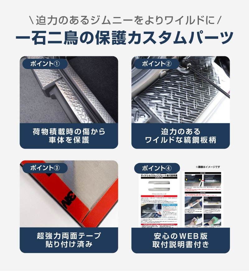 【セット割】ジムニーノマド JC74W リアバンパープレート ＆ ラゲッジスカッフプレート 縞鋼板柄 4P 車体保護ゴム付き 選べる3カラー シルバーヘアライン ブラックヘアライン カーボン調  ｜スズキ SUZUKI JIMNY JC74 NOMADE 専用 保護パーツ ドレスアップ オプション アクセサリー 社外 荷室 ラゲージ バックドア 傷防止