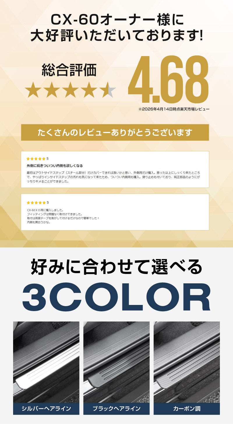 【5/17～10%off】CX-60 KH系 サイドステップ 外側スカッフプレート フロント・リアセット 4P 滑り止めゴム付き 選べる3カラー シルバー/ブラック/カーボン調 2026年MC後 対応｜マツダ MAZDA 新型 CX60 専用 内装 サイド 足元 保護 パーツ ドレスアップ アクセサリー 社外品【予約販売/カーボン調:6月10日頃入荷予定】