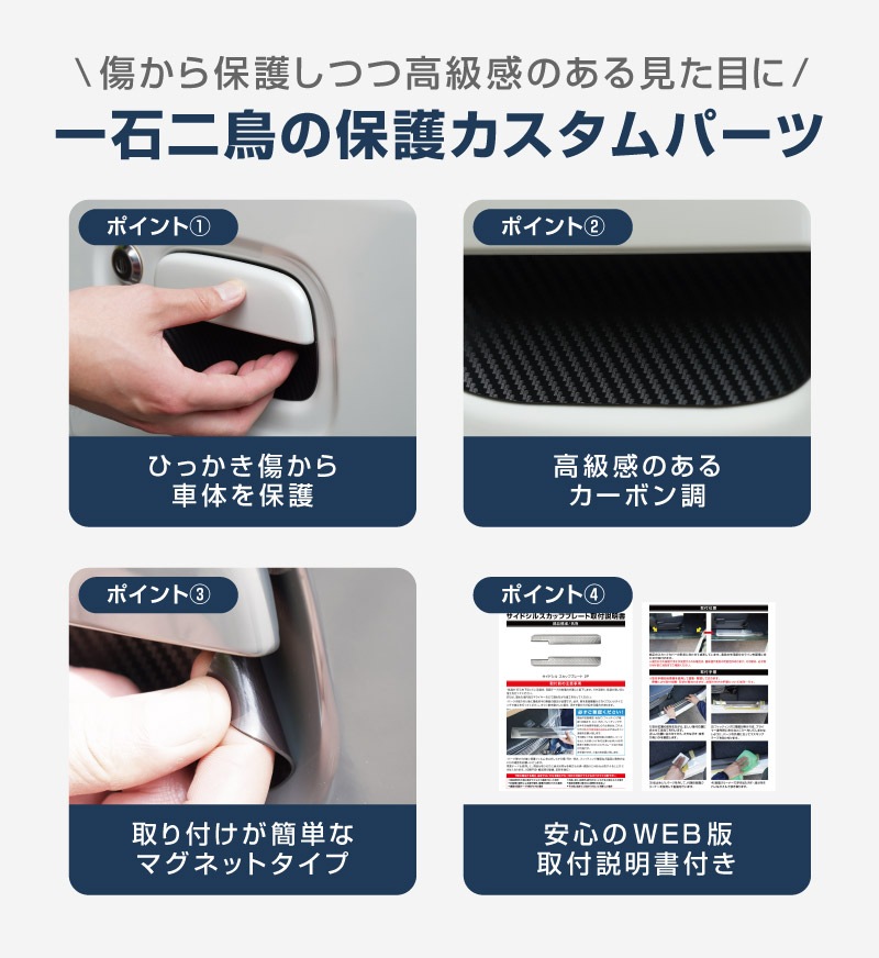 エブリイワゴン マグネット装着タイプ ドアハンドルプロテクター 2P カーボン柄 選べる2カラー ブラック ホワイト｜スズキ SUZUKI EVERY WAGON DA17W 専用 引っかき傷防止 傷隠し 保護 ドレスアップ アクセサリー 社外品【メール便対象/代引き・配達日時指定不可】