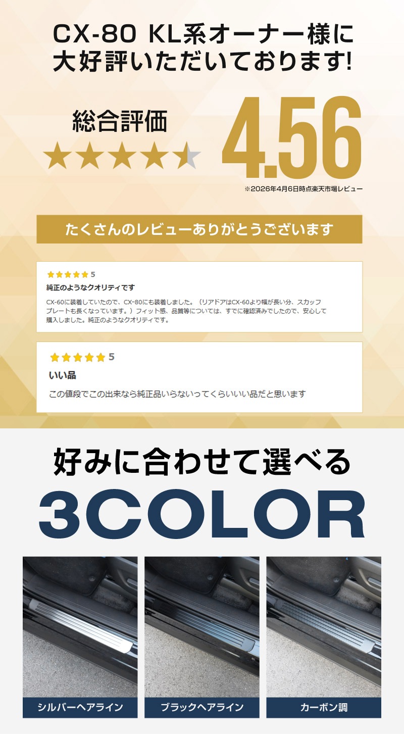 CX-80 KL系 スカッフプレート サイドステップ外側 フロント・リアセット 4P 車体保護ゴム付き 選べる3カラー シルバーヘアライン ブラックヘアライン カーボン調 2026年MC後 対応 ｜マツダ MAZDA 新型 CX80 専用 内装 カスタム パーツ ドレスアップ アクセサリー オプション 内装 社外 保護 傷防止 キズ隠し