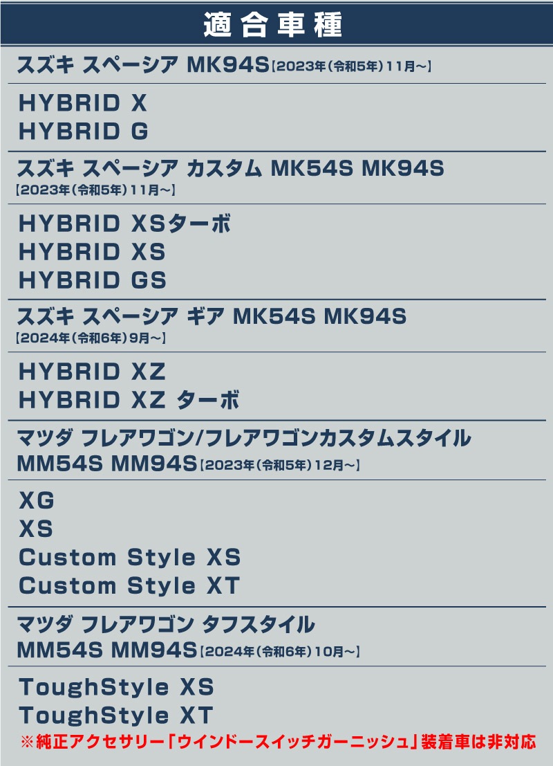 【アウトレット品】新型スペーシア スペーシアカスタム スペーシアギア MK54S MK94S フレアワゴン MM54S MM94S ウィンドウスイッチパネル＆インナードアハンドルパネル フロント 左右セット ピアノブラック｜SUZUKI スズキ SPACIA CUSTOM GEAR マツダ MAZDA FLAIR WAGON 専用 内装 カスタム パーツ インテリアパネル ドレスアップ アクセサリー 社外品 