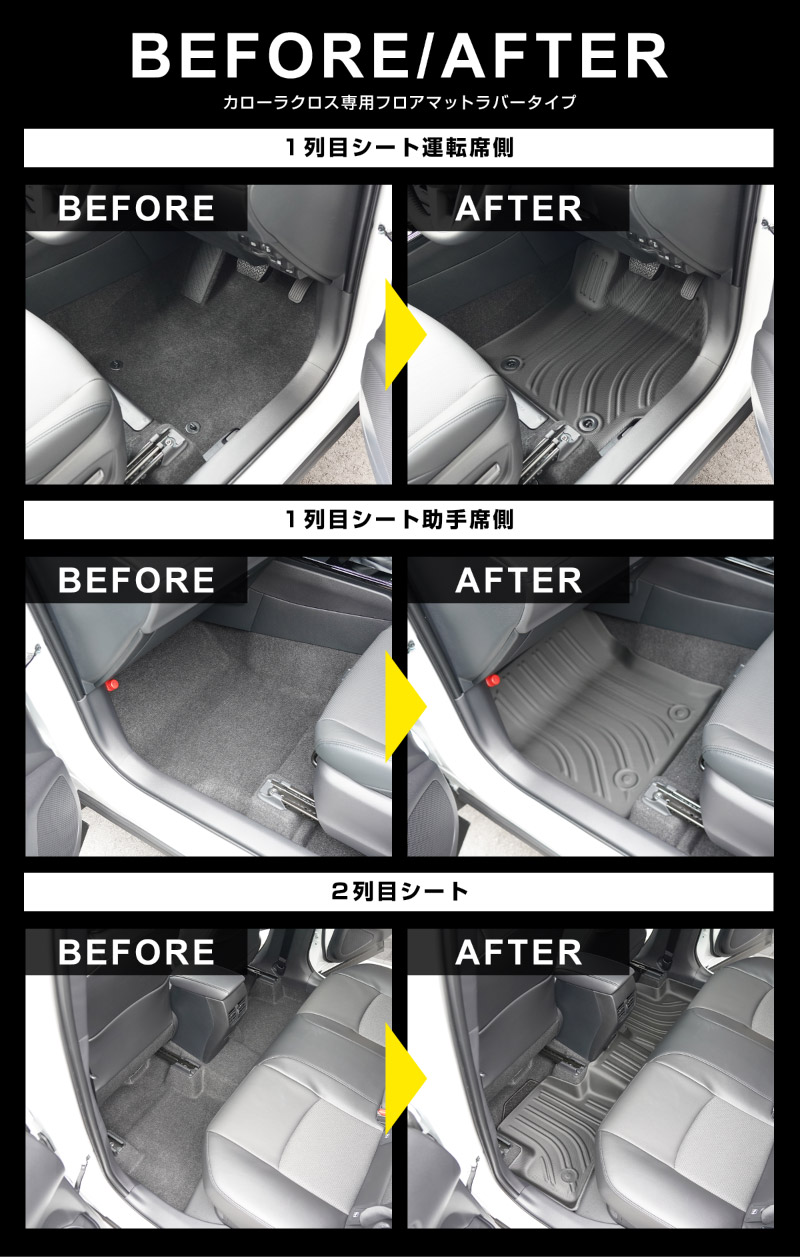 【セット割】新型カローラクロス ラゲッジ＆フロアマット フルカバー マットセット 8P ラバータイプ ブラック セカンドシート背面 2025年マイナーチェンジ後対応｜トヨタ TOYOTA COROLLA CROSS 6AA-ZVG11 3BA-ZSG10 6AA-ZVG15 専用 アクセサリー オプション 内装 社外 トランク ラゲージ 荷室 3D フロアマット 防水 保護
