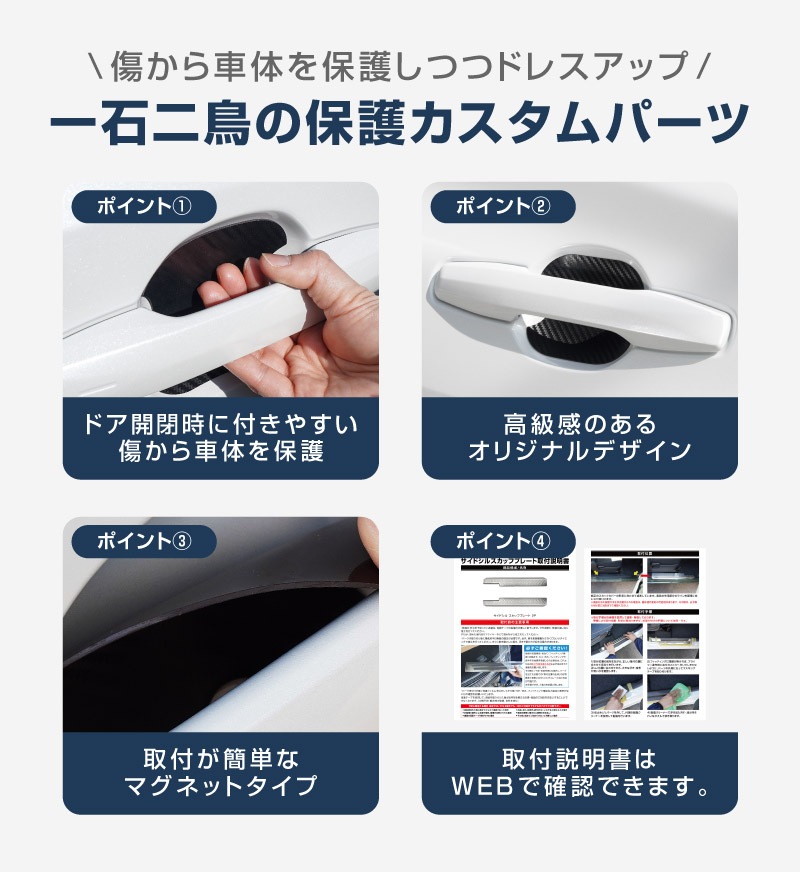 新型RAV4 60系 RAV4 50系 マグネット装着タイプ ドアハンドルプロテクター フロント・リアセット 4P カーボン柄 選べる2カラー ブラック ホワイト｜トヨタ TOYOTA ラブフォー AXAN64 専用 プラグインハイブリッド PHEV 対応 カバー 保護 傷防止 キズ隠し 社外【メール便対象/代引き・配達日時指定不可】