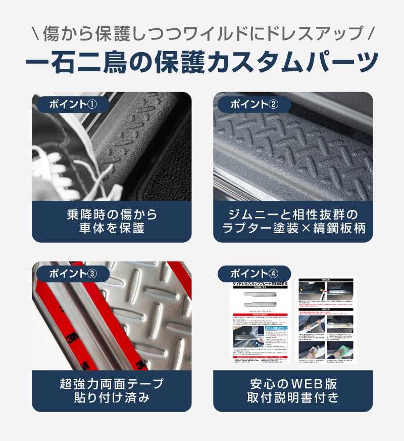 ジムニーノマド JC74W サイドステップ スカッフプレート 縞鋼板柄 左右セット 4P ラプター塗装 ブラック｜スズキ SUZUKI JIMNY JC74 NOMADE 専用 保護パーツ ラプター塗装 ドレスアップ オプション アクセサリー カーパーツ 傷防止 サイドシル