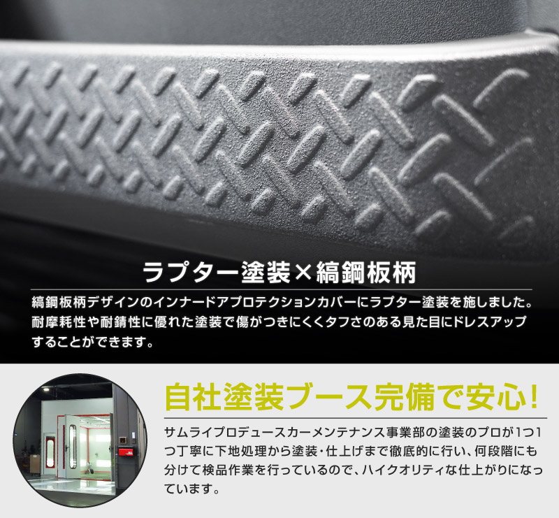 ジムニーノマド JC74W インナードアプロテクションカバー 縞鋼板柄 左右セット 4P ラプター塗装 ブラック｜スズキ SUZUKI JIMNY JC74 NOMADE 専用 保護パーツ ラプター塗装 ドレスアップ オプション アクセサリー 社外 サイドドア キックガード