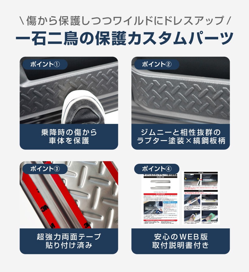 ジムニーノマド JC74W インナードアプロテクションカバー 縞鋼板柄 左右セット 4P ラプター塗装 ブラック｜スズキ SUZUKI JIMNY JC74 NOMADE 専用 保護パーツ ラプター塗装 ドレスアップ オプション アクセサリー 社外 サイドドア キックガード