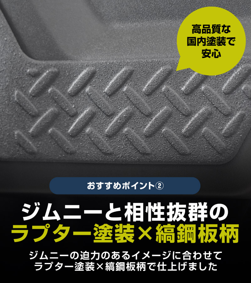 ジムニーノマド JC74W インナードアプロテクションカバー 縞鋼板柄 左右セット 4P ラプター塗装 ブラック｜スズキ SUZUKI JIMNY JC74 NOMADE 専用 保護パーツ ラプター塗装 ドレスアップ オプション アクセサリー 社外 サイドドア キックガード