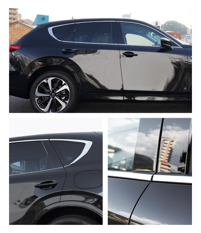 CX-60 KH系 ウィンドウトリムガーニッシュ 6P 選べる2色 鏡面仕上げ ブラック鏡面仕上げ 2026年MC後 対応｜マツダ MAZDA 新型 CX60 専用 外装 窓 サイド カスタム パーツ ドレスアップ アクセサリー 社外品 エアロ【予約販売/ブラック:5月20日頃入荷予定】
