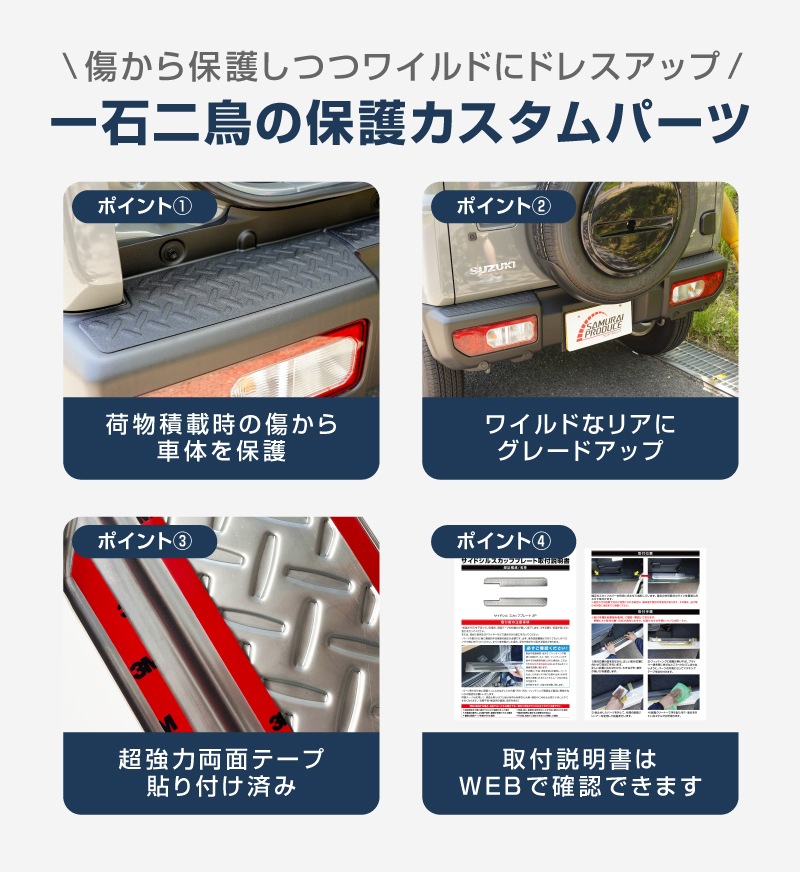 新型ジムニー JB64W リアバンパープレート 縞鋼板柄 3P ラプター塗装 ブラック JIMNY 専用 保護パーツ ラプター塗装 ｜スズキ SUZUKI JIMNY JB64 1型 2型 3型 4型 5型 専用 保護パーツ ラプター塗装 ドレスアップ アクセサリー 外装 カー用品 社外 トランク 荷室 保護 傷防止 キズ隠し 【ジムニーシエラJB74取付不可】
