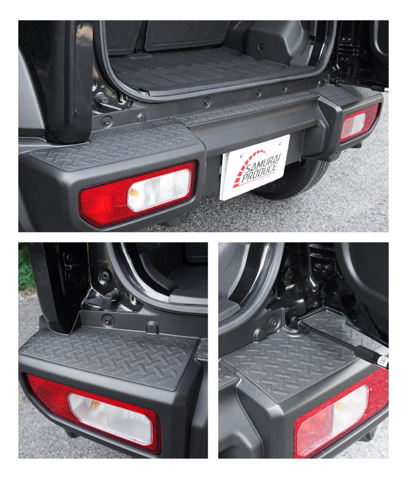 新型ジムニーシエラ JB74W ジムニーノマド JC74W リアバンパープレート 縞鋼板柄 3P ラプター塗装 ブラック｜スズキ SUZUKI JIMNY SIERRA JB74 1型 2型 3型 4型 5型 JIMNY NOMADE JC74 1型 専用 保護パーツ ラプター塗装 アクセサリー オプション 社外 トランク バンパー 傷防止【ジムニーJB64W取付不可】