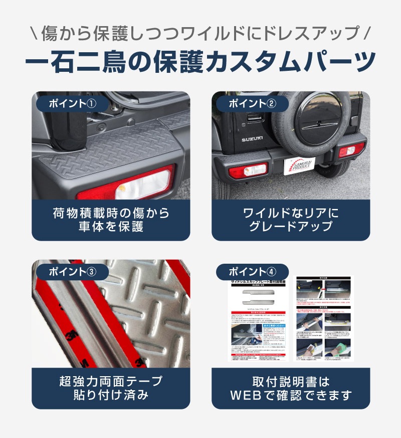 新型ジムニーシエラ JB74W ジムニーノマド JC74W リアバンパープレート 縞鋼板柄 3P ラプター塗装 ブラック｜スズキ SUZUKI JIMNY SIERRA JB74 1型 2型 3型 4型 5型 JIMNY NOMADE JC74 1型 専用 保護パーツ ラプター塗装 アクセサリー オプション 社外 トランク バンパー 傷防止【ジムニーJB64W取付不可】
