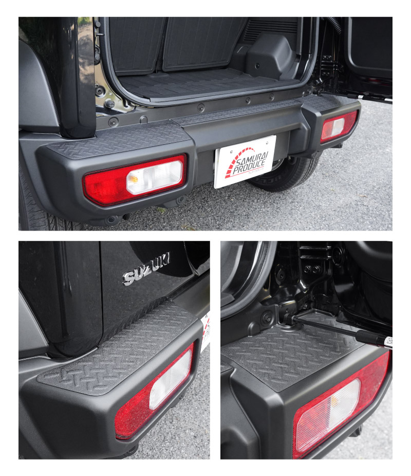 新型ジムニーシエラ JB74W ジムニーノマド JC74W リアバンパープレート 縞鋼板柄 3P ラプター塗装 ブラック｜スズキ SUZUKI JIMNY SIERRA JB74 1型 2型 3型 4型 5型 JIMNY NOMADE JC74 1型 専用 保護パーツ ラプター塗装 アクセサリー オプション 社外 トランク バンパー 傷防止【ジムニーJB64W取付不可】