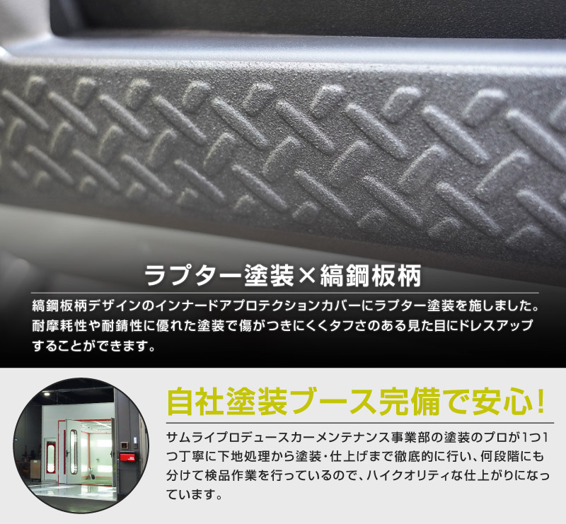 新型ジムニー JB64W 新型ジムニーシエラ JB74W インナードアプロテクションカバー 縞鋼板柄 左右セット 2P ラプター塗装 ブラック｜スズキ SUZUKI JIMNY JB64 JIMNY SIERRA JB74 1型 2型 3型 4型 5型 専用 保護パーツ ラプター塗装 キックガード アクセサリー オプション 社外  傷防止