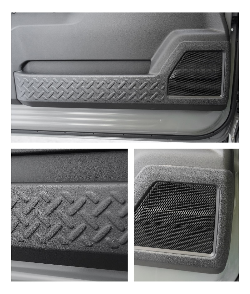 新型ジムニー JB64W 新型ジムニーシエラ JB74W インナードアプロテクションカバー 縞鋼板柄 左右セット 2P ラプター塗装 ブラック｜スズキ SUZUKI JIMNY JB64 JIMNY SIERRA JB74 1型 2型 3型 4型 5型 専用 保護パーツ ラプター塗装 キックガード アクセサリー オプション 社外  傷防止