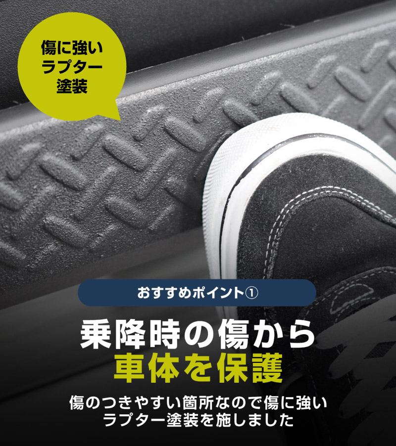 新型ジムニー JB64W 新型ジムニーシエラ JB74W インナードアプロテクションカバー 縞鋼板柄 左右セット 2P ラプター塗装 ブラック｜スズキ SUZUKI JIMNY JB64 JIMNY SIERRA JB74 1型 2型 3型 4型 5型 専用 保護パーツ ラプター塗装 キックガード アクセサリー オプション 社外  傷防止