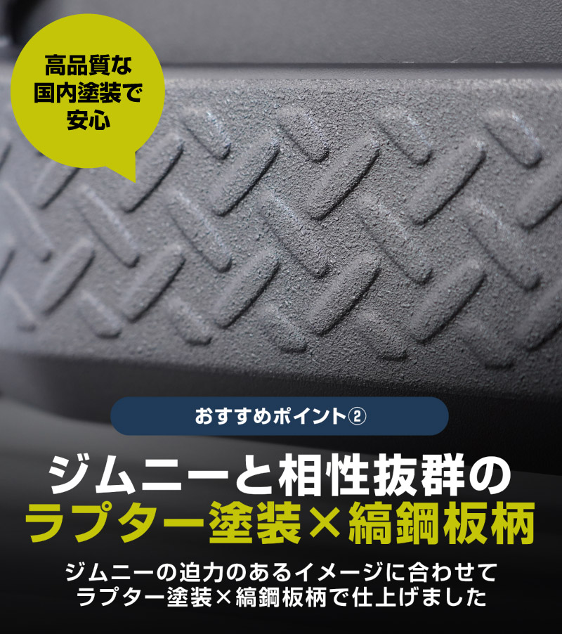 新型ジムニー JB64W 新型ジムニーシエラ JB74W インナードアプロテクションカバー 縞鋼板柄 左右セット 2P ラプター塗装 ブラック｜スズキ SUZUKI JIMNY JB64 JIMNY SIERRA JB74 1型 2型 3型 4型 5型 専用 保護パーツ ラプター塗装 キックガード アクセサリー オプション 社外  傷防止
