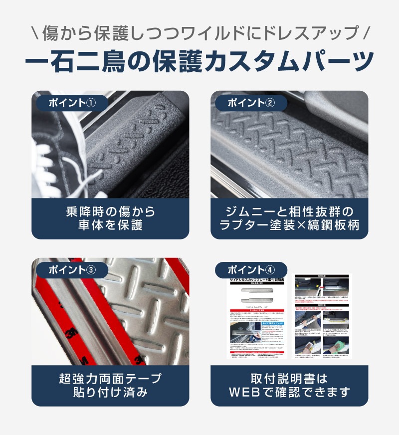 新型ジムニー JB64W 新型ジムニーシエラ JB74W サイドステップ スカッフプレート 縞鋼板柄 左右セット 2P ラプター塗装 ブラック｜スズキ SUZUKI JIMNY JB64 JIMNY SIERRA JB74 1型 2型 3型 4型 5型 専用 サイドシルスカッフ 保護パーツ ラプター塗装 ドレスアップ アクセサリー オプション 社外品